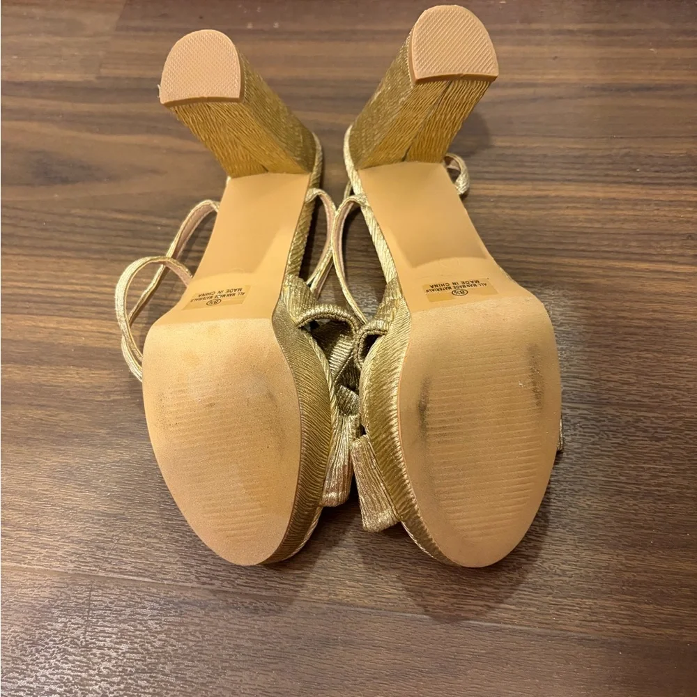 Lulus Lilsa Gold Metallic Bow Platform Ankle Strap Heels - Picture 6 of 6